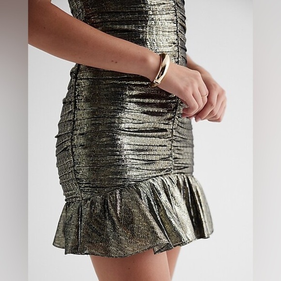 Metallic Silk V-Neck Ruched Ruffle Mini Dress - Picture 3 of 14